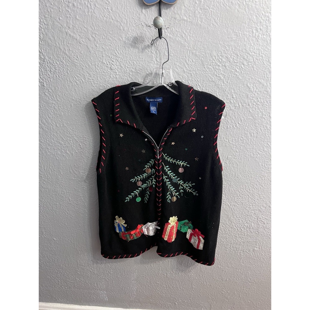 Vintage 90s Christmas Sweater Vest Holiday Sequin Ugly Sweater Size Large